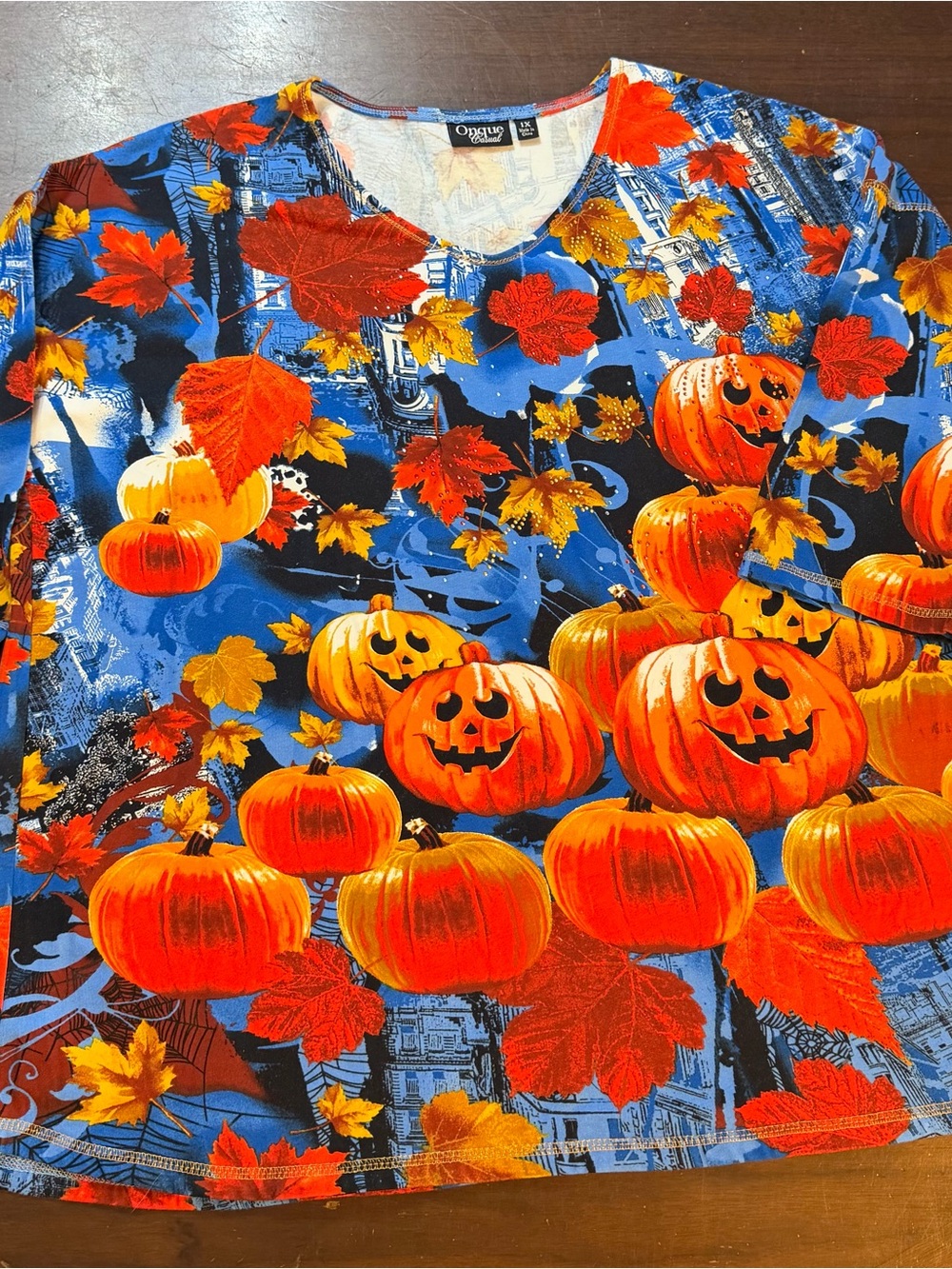 Onque Casual Womens 1X Pumpkin Halloween Sparkly Knit Top 3/4 Sleeves Pristine